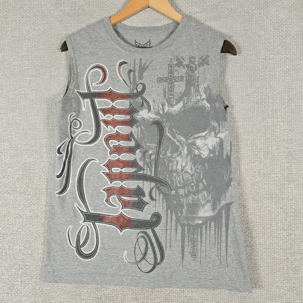 Tapout Boys Gray Skull Cross Graphic‎ Sleeveless Muscle Tee Shirt Size L 14/16